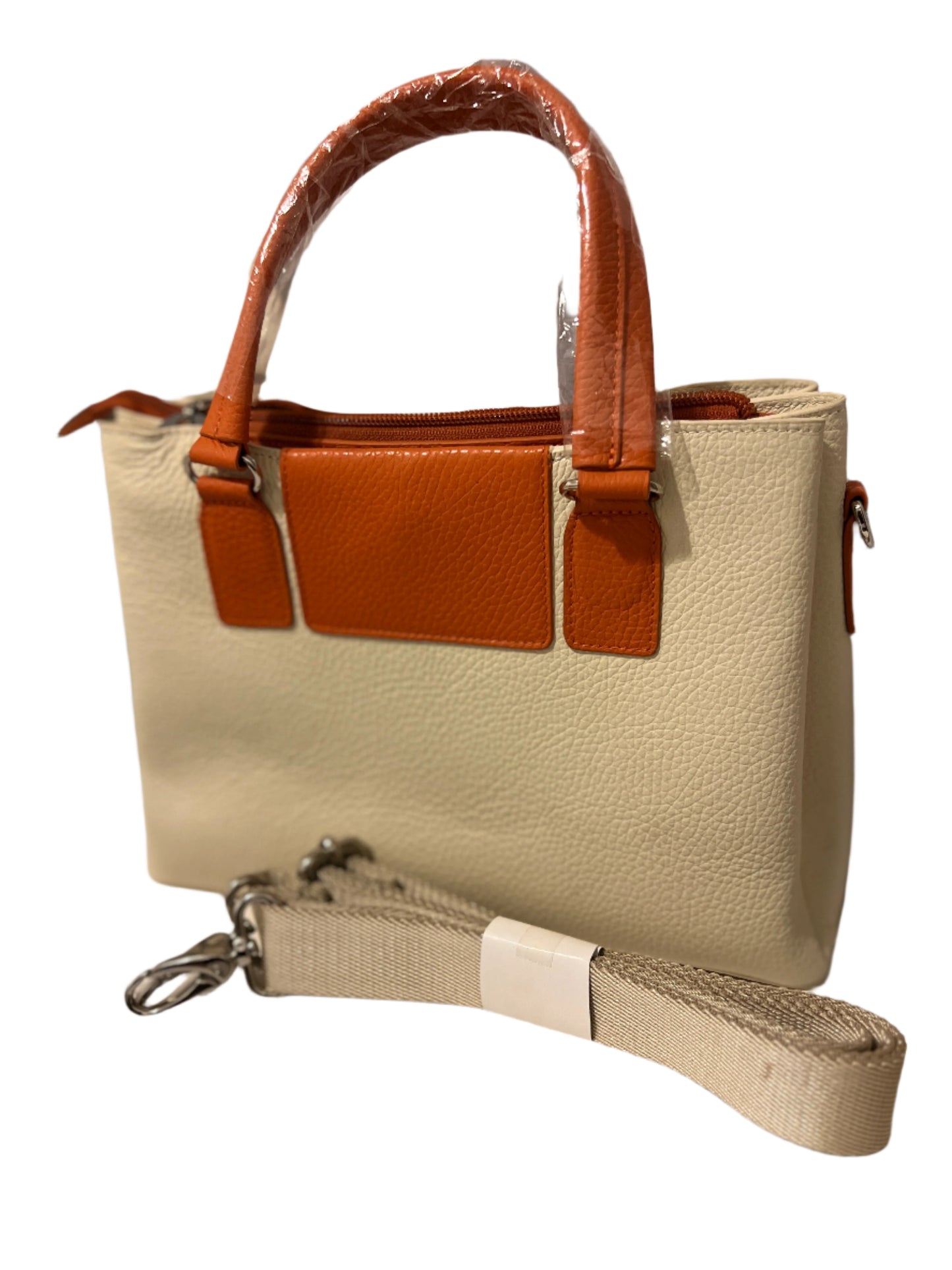 Classic Cream Calf Grain Leather Shoulder Bag with Vibrant Orange Accents.