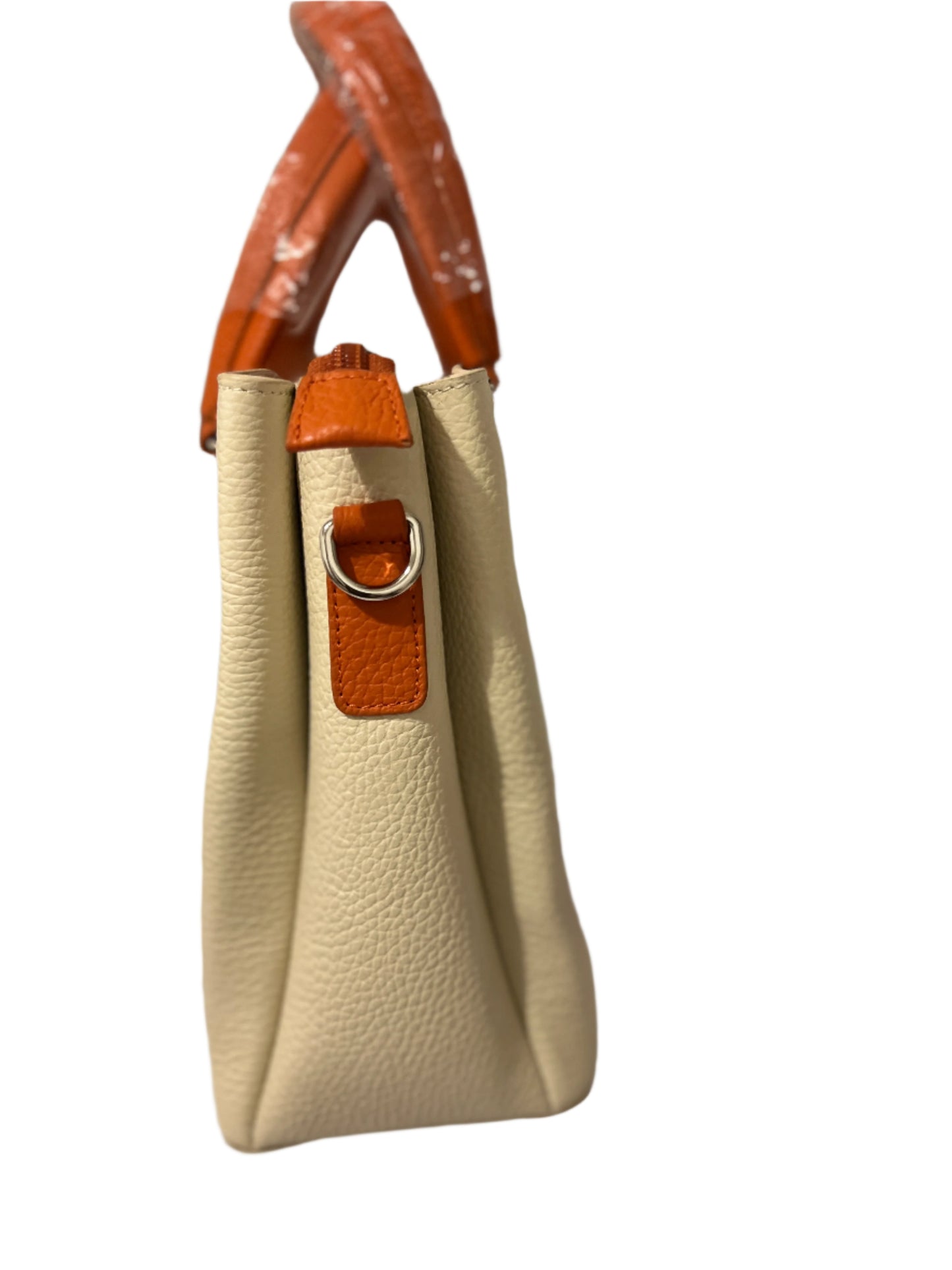 Classic Cream Calf Grain Leather Shoulder Bag with Vibrant Orange Accents.